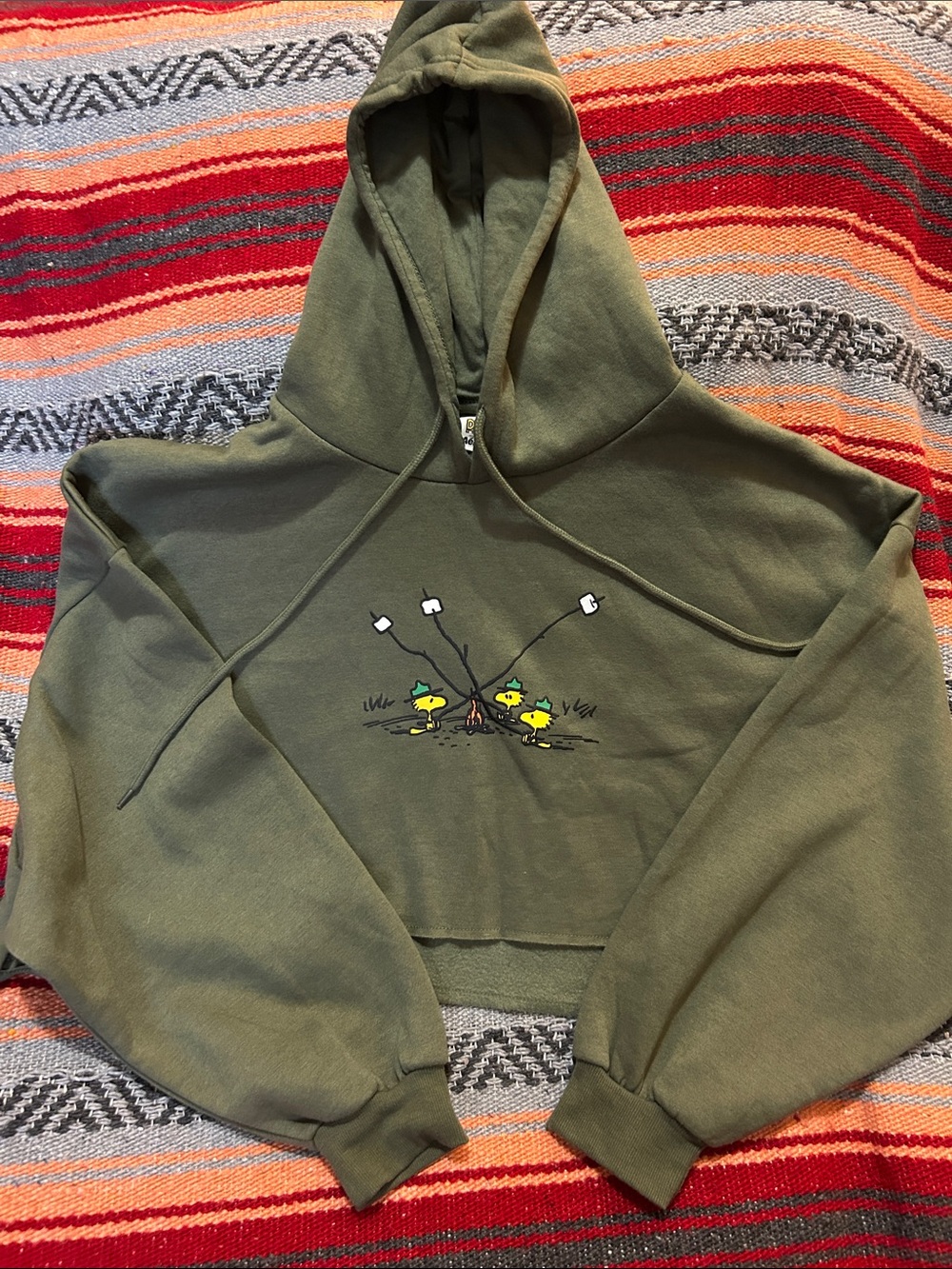 Olive Green Cropped Hoodie with Campfire Woodstock